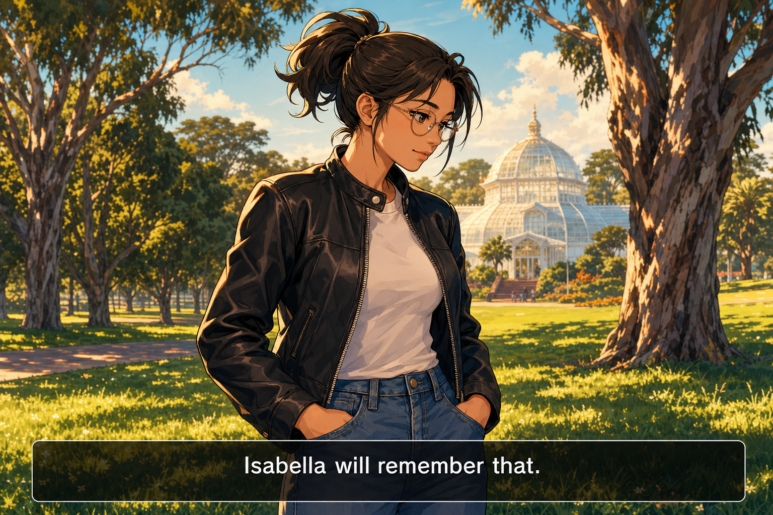 Isabella in Golden Gate Park, framed like a visual-novel scene with a dialog box reading 'Isabella will remember that.'